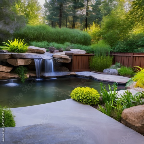 14 A backyard pond with a waterfall, plants, and a seating area1, Generative AI photo