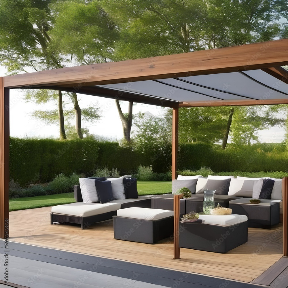 19 A wooden or metal pergola with a retractable canopy for added comfort and protection from the elements5, Generative AI