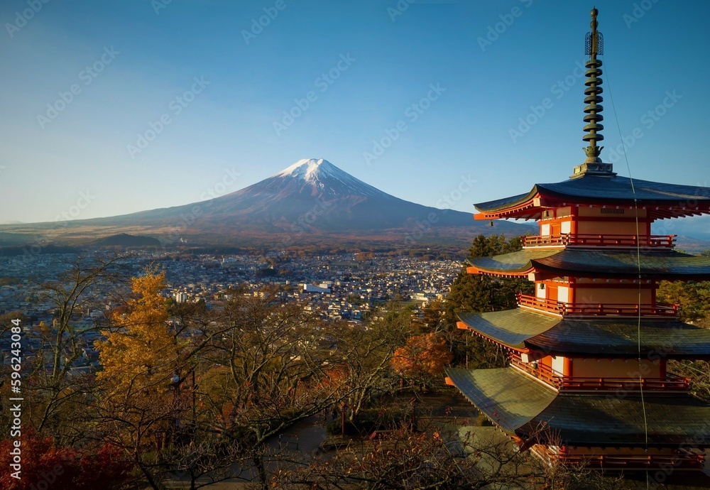 Clear view of Mt. Fuji from behind the Chureito Pagoda in the morning. 