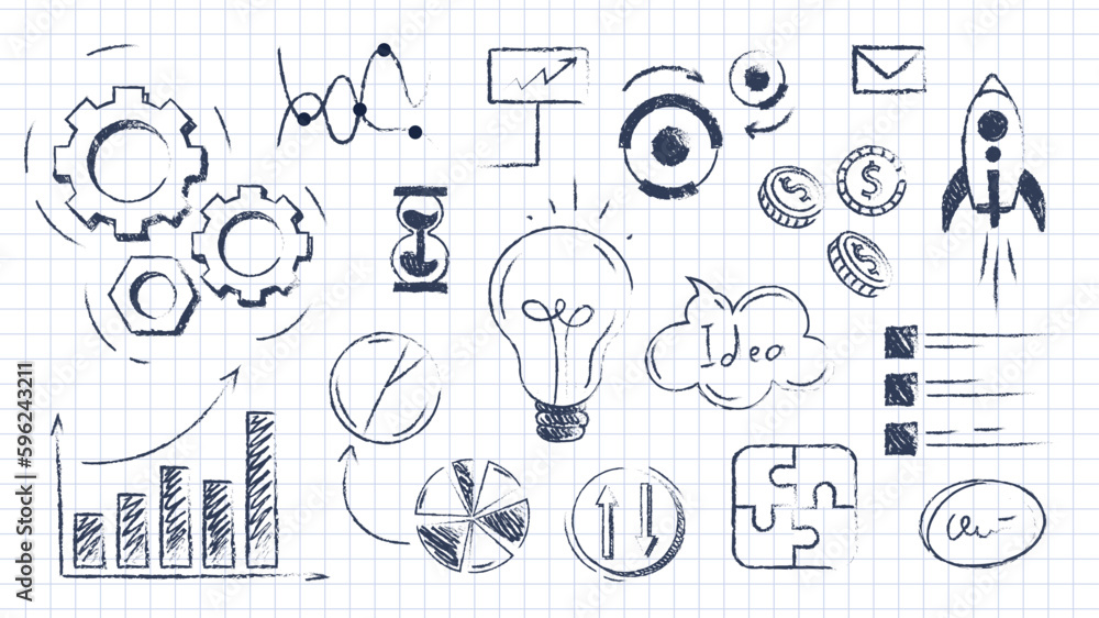 Set of hand drawn start up. Light bulb, graphs, charts and rocket on ...