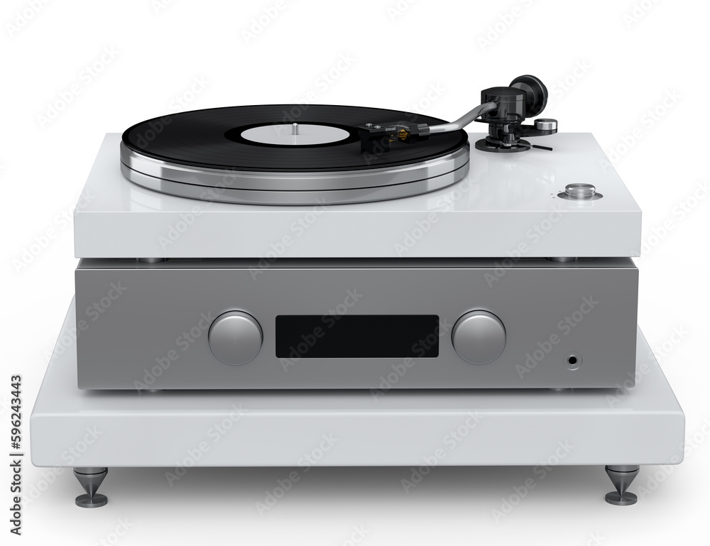 Obraz premium Vinyl record player or DJ turntable with retro vinyl disk on white background.