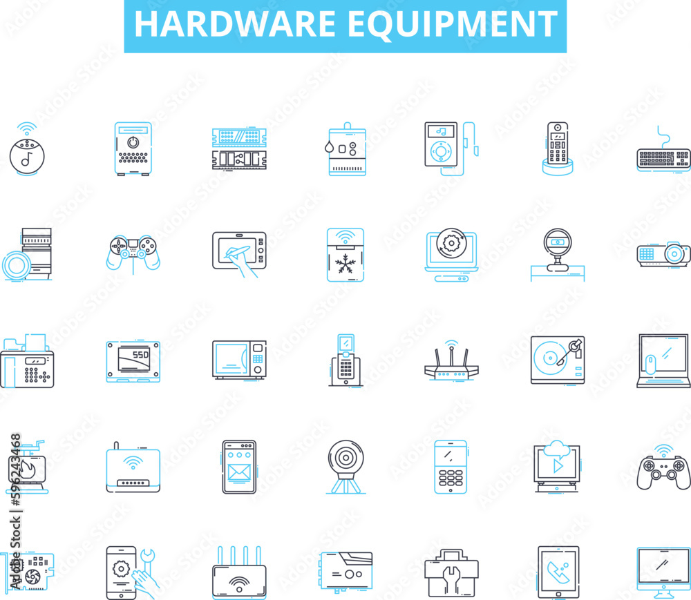 Hardware equipment linear icons set. Processor, Graphics, Motherboard, Memory, Storage, Display, Keyboard line vector and concept signs. Mouse,Audio,Ethernet outline illustrations Hardware equipment linear icons set. Processor, Graphics, Motherboard, Memory, Storage, Display, Keyboard line vector and concept signs. Mouse,Audio,Ethernet outline illustrations