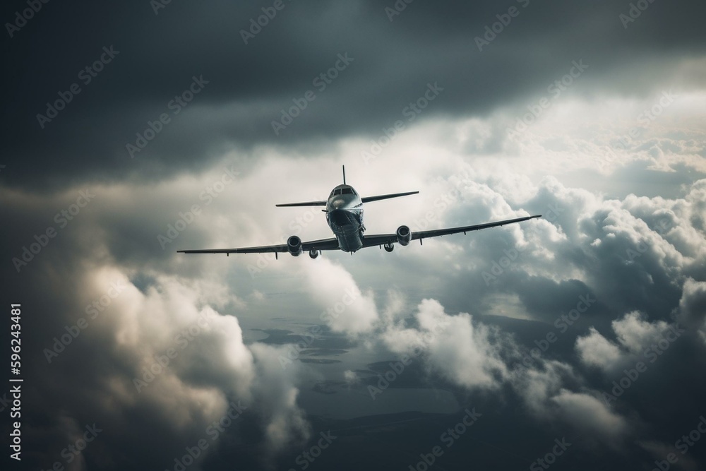 Aircraft soaring above a cloudy atmosphere. Generative AI