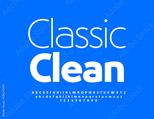 Vector marketing emblem Classic Clean. Elegant White Font. Artistic set of Alphabet Letters, Numbers and Symbols