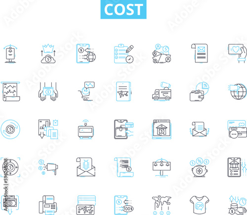 Cost linear icons set. Expense, Budget, Price, Value, Investment, Worth, Account line vector and concept signs. Outlay,Spending,Costliness outline illustrations