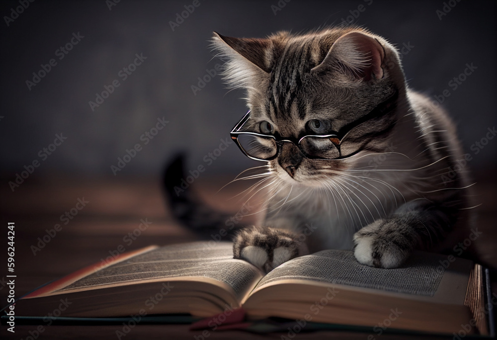Cute cat with glasses reading a book. AI genarated Cute cat with glasses reading a book. AI genarated