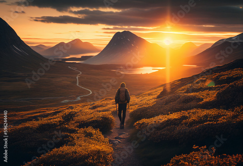 Silhouette of a traveler on the background of the mountains where the sun sets. AI genarated