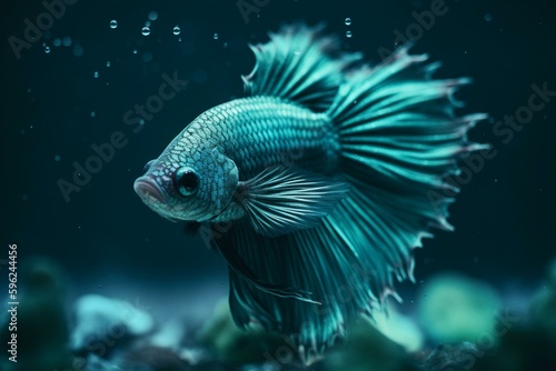 Mint blue Siamese fighting fish in turquoise underwater background. Generative AI