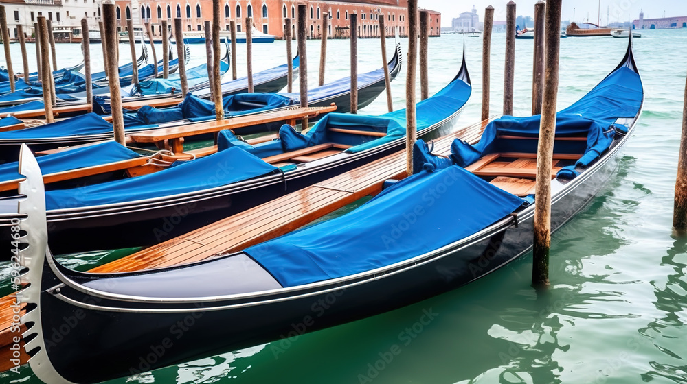 Gondolas in Venice. Traditional venetian transport, boats in italy. generate by ai