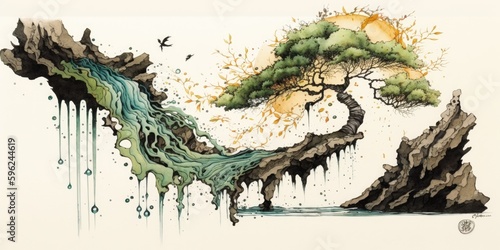Muromachi Magic: Oak Tree and Waterfall in Japanese Art Style #InkIllustration #JapaneseArt #FantasyForest photo