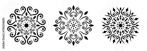 Vintage round ornament design set. Circle abstract pattern with floral elements. Mandala. Circular decorative element in classic, retro style. Wedding, arabesque, oriental decor. Vector illustration.