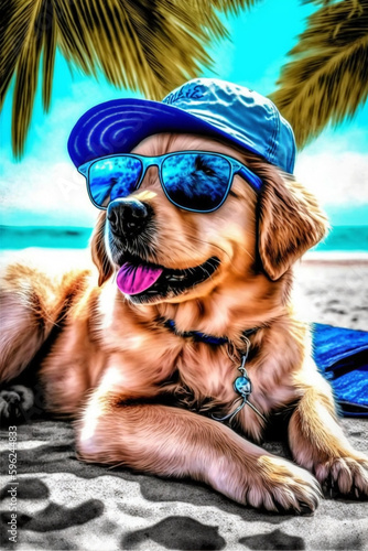 Dog in panama hat and sunglasses at tropical resort. AI genarated