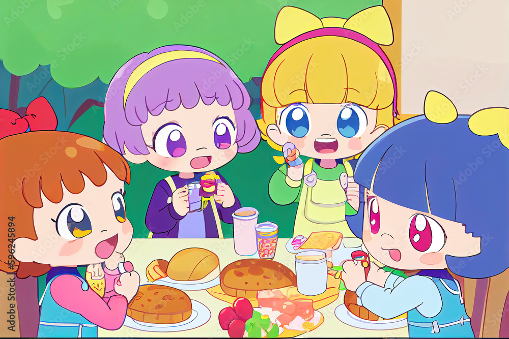 Group of hungry manga children eating healty food in school (Generative AI) Group of hungry manga children eating healty food in school (Generative AI)