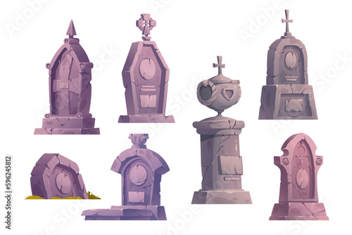 Halloween grave headstone cartoon illustration. Vector old tombstone with christianity cross and crack texture. Isolated blank gothic plate icon set. Burial rip pedestal. Antique spooky crypt sign