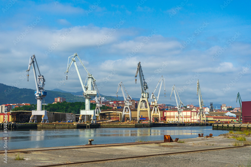 portal cranes. portal cranes in the port. cargo loading area.
