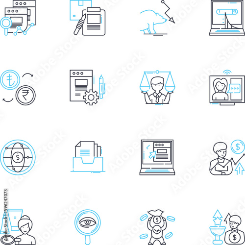 Financial containment linear icons set. Budgeting, Saving, Frugality, Investment, Planning, Rein in, Control line vector and concept signs. Management,Restriction,Economy outline illustrations
