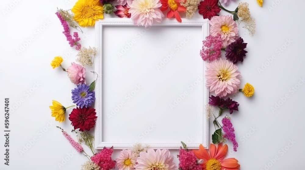 Mockup of picture frame decorated with spring flowers clean space for text on white background Mockup of picture frame decorated with spring flowers clean space for text on white background