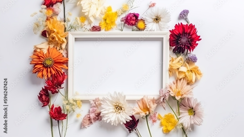 Obraz premium Mockup of picture frame decorated with spring flowers clean space for text on white background