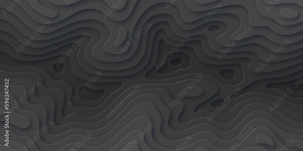 Topographic map, paper cut style abstract background. Dark gray cover, banner, card curved layers and elevation contour lines. Dark color mountains, hills papercut art vector illustration