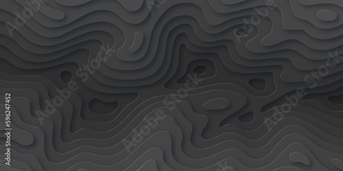 Topographic map, paper cut style abstract background. Dark gray cover, banner, card curved layers and elevation contour lines. Dark color mountains, hills papercut art vector illustration
