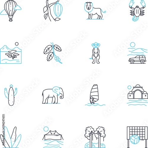 Nature's beauty linear icons set. Serenity, Majestic, Blossom, Tranquil, Vibrant, Verdant, Radiant line vector and concept signs. Lush,Refreshing,Enchanting outline illustrations