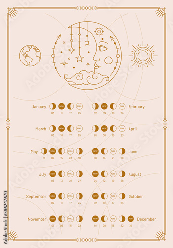 2024 year moon calendar, lunar monthly cycle planner template. Astrological lunar phases schedule and cycles banner, card, poster boho style vector illustration