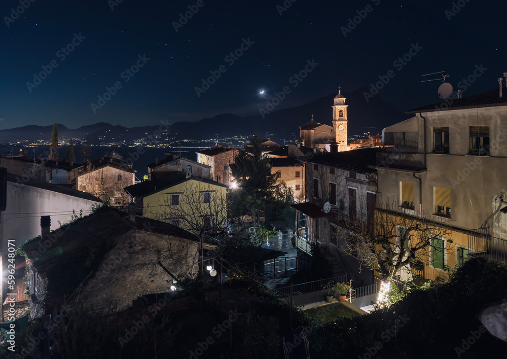 Night view of Garda Lake from Torre del Benako, Italy