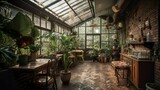 Cozy rustic and bohem cafe interior with brick wall and plants, AI generated 
