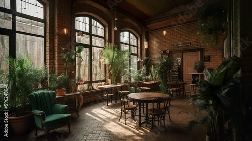 ustic and bohemian style ruin coffee house interior, AI generated  © Hdi