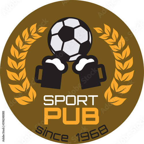 Soccer ball and beer symbol for football sport bar emblem template. Soccer ball and two glasses with beer. Vintage style on isolated background. Vector illustration