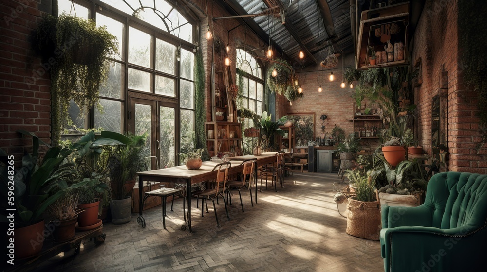 Bohemian and rustic style coffee house interior, greenhouse vibe with panoramic glass windows, AI-generated 
