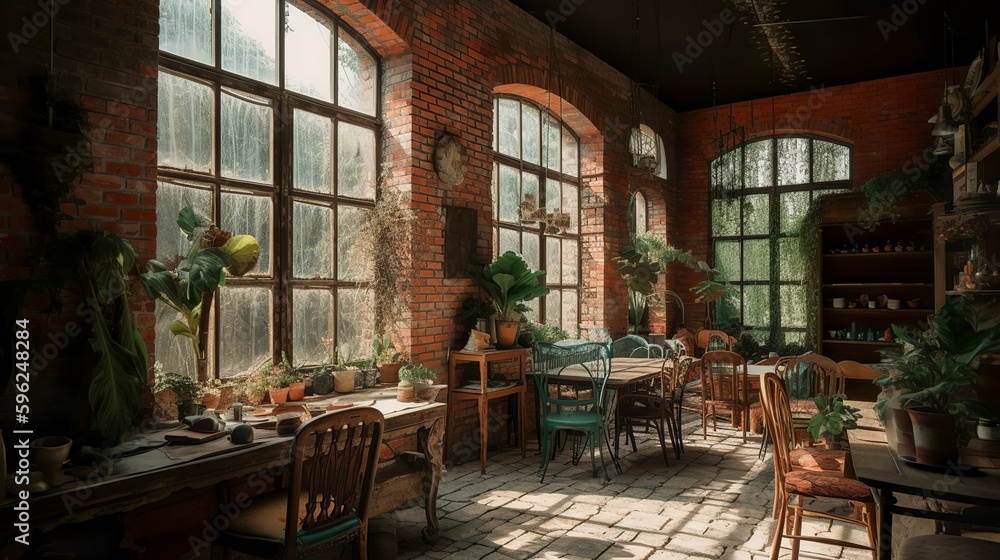 Bohemian and rustic style coffee house interior, greenhouse vibe with panoramic glass windows, AI-generated 