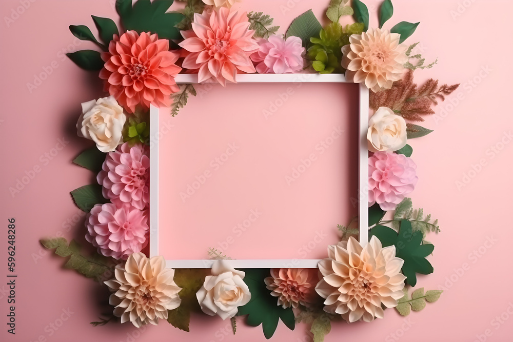 A frame decorated with flowers, blank space for text. Flat lay.
Generative AI.
A frame decorated with flowers, blank space for text. Flat lay.
Generative AI.