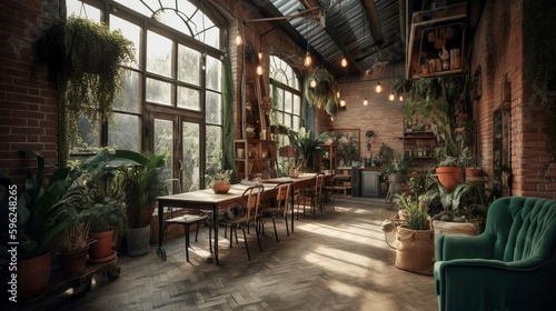 Bohemian and rustic style coffee house interior, greenhouse vibe with panoramic glass windows, AI-generated  © Hdi