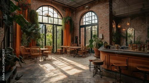Bohemian and rustic style coffee house interior, greenhouse vibe with panoramic glass windows, AI-generated  © Hdi
