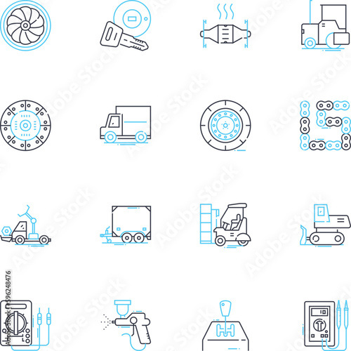 Vehicle linear icons set. Acceleration, Aerodynamics, Agility, Alternator, Axles, Battery, Brakes line vector and concept signs. Carburator,Chassis,Clutch outline illustrations