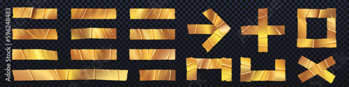 Golden realistic duct tape isolated pieces vector. Gold duck sellotape arrow, cross, frame and plus glued wrinkled set. Clerical metallic sticky stripe label collection with torn corner illustration