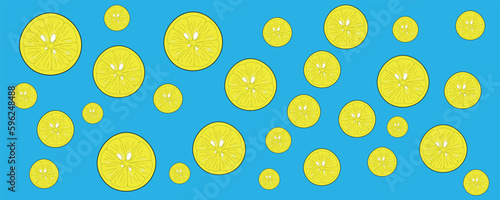 Seamless lemon pattern vector illustration. Lemon slices on a blue background.