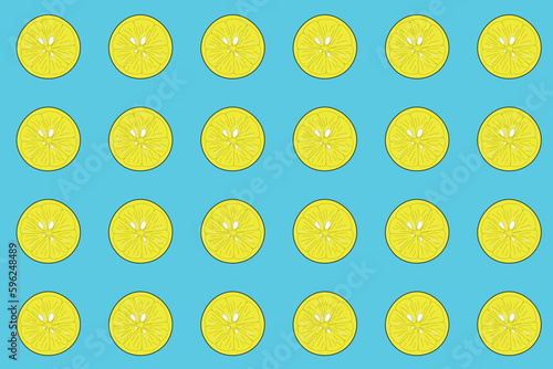 Seamless lemon pattern vector illustration. Lemon slices on a blue background. © Emre Akkoyun