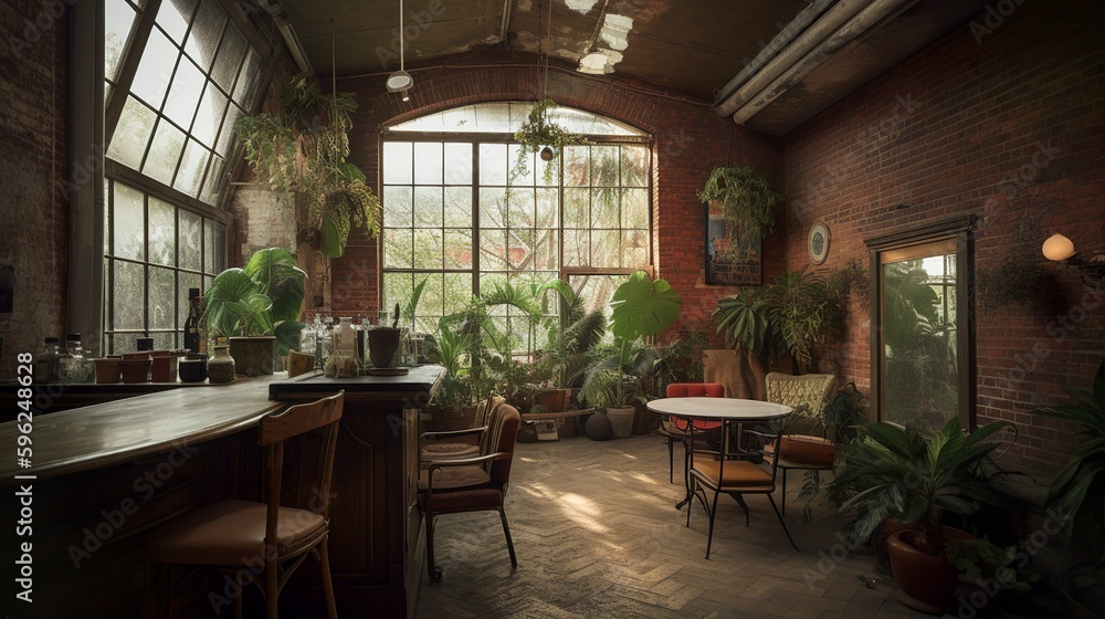 Cozy rustic and bohemian style studio apartment interior with brick wall, and greenhouse style, AI generated