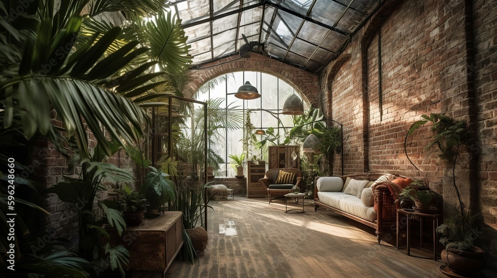 Cozy rustic and bohemian style studio apartment interior with brick wall, and greenhouse style, AI generated Cozy rustic and bohemian style studio apartment interior with brick wall, and greenhouse style, AI generated