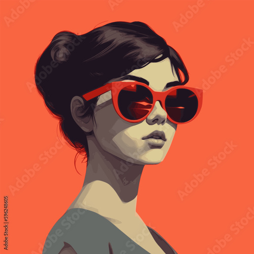 Fashion portrait of a model girl in sunglasses. Poster or flyer in trendy retro colors. Vector illustration	
