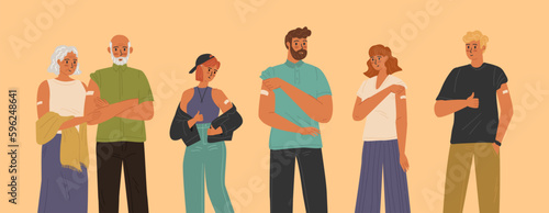 Vector set of vaccinated people. Diverse group of isolated characters, smiling men and women with with a plasters on the shoulder