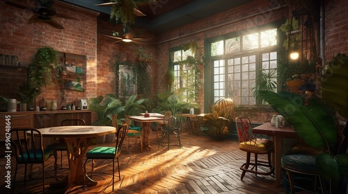Cozy rustic and bohemian style studio apartment interior with brick wall, and greenhouse style, AI generated