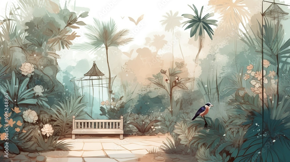 Fototapeta premium Tropical botanical garden with palm trees and other plants with bird 