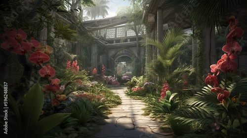 Botanical garden with palm trees and tropical flowers 