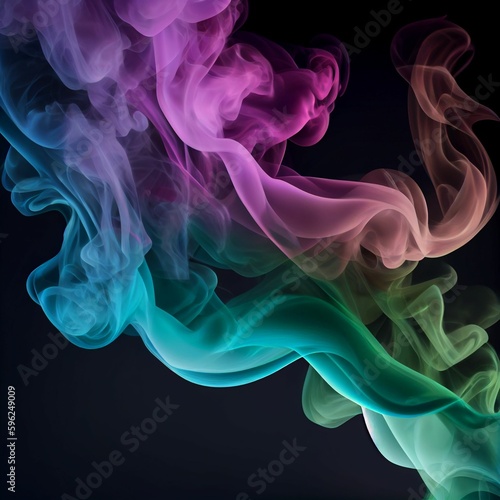 Blue, green and pink splash smoke wave on black background. Generative AI.