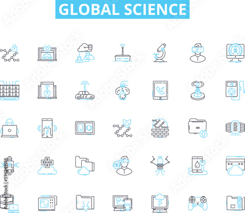 Global science linear icons set. Discovery, Innovation, Exploration, Advancement, Research, Technology, Breakthrough line vector and concept signs. Invention,Experiment,Curiosity outline illustrations