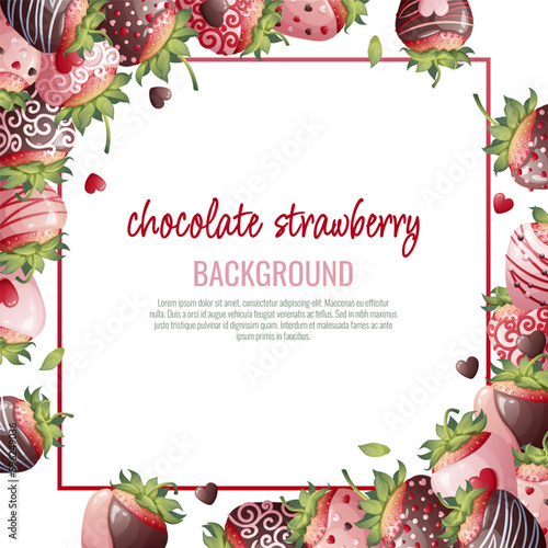 Postcard with chocolate strawberries. Border, frame with romantic sweet dessert, berry in chocolate syrup. Background with strawberries decorated with chocolate chips. Vector illustration.