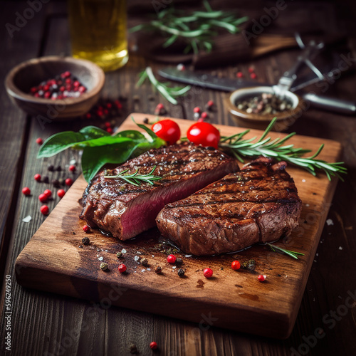 juicy grilled steak with herbs and spices on rustic cutting board. Barbecue